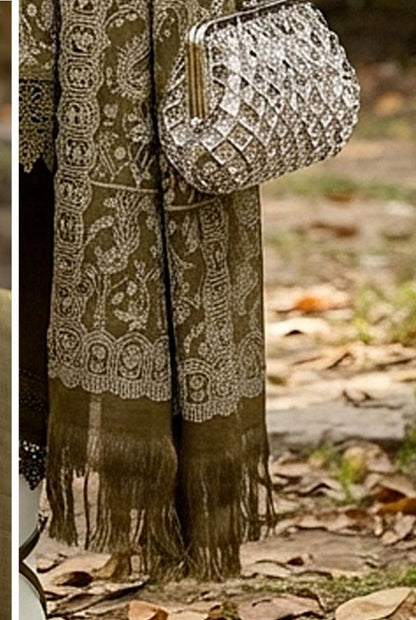 Al Boutique Centre | Mishal | Marina Dhanak Jaquard Zari Printed Unstitched 3Pc | Volume 2 - Olive - image 4