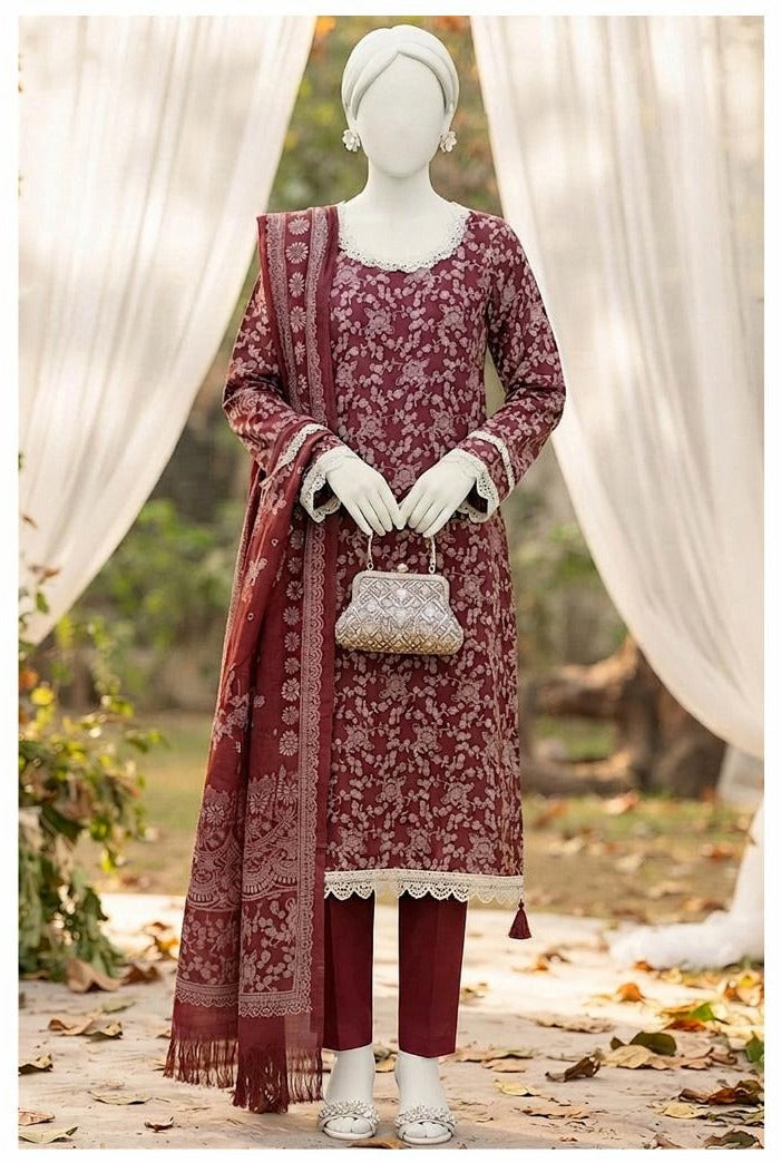 Al Boutique Centre | Mishal | Marina Dhanak Jaquard Zari Printed Unstitched 3Pc | Volume 2 - Maroon - image 2