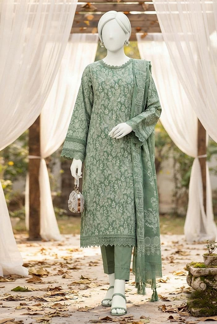 Al Boutique Centre | Mishal | Marina Dhanak Jaquard Zari Printed Unstitched 3Pc | Volume 2 - Sage Green - image 1