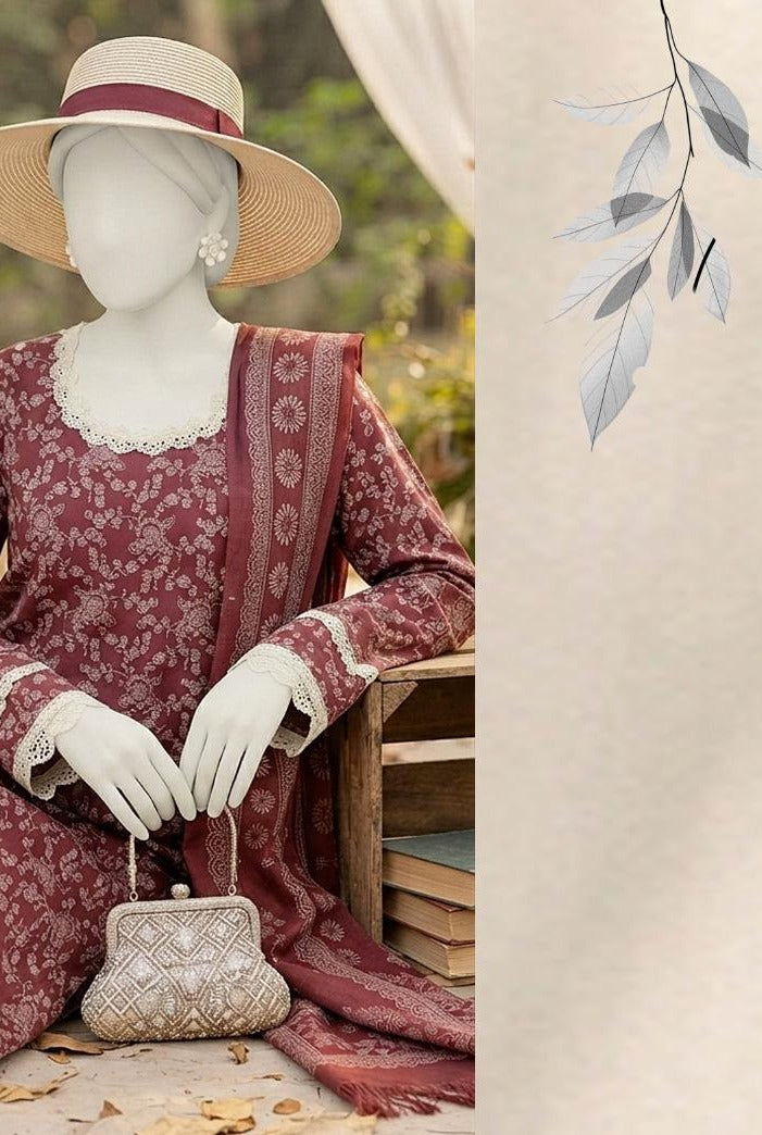 Al Boutique Centre | Mishal | Marina Dhanak Jaquard Zari Printed Unstitched 3Pc | Volume 2 - Maroon - image 4