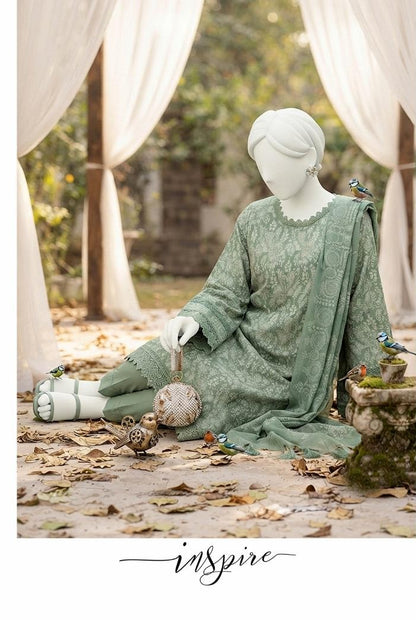 Al Boutique Centre | Mishal | Marina Dhanak Jaquard Zari Printed Unstitched 3Pc | Volume 2 - Sage Green - image 3