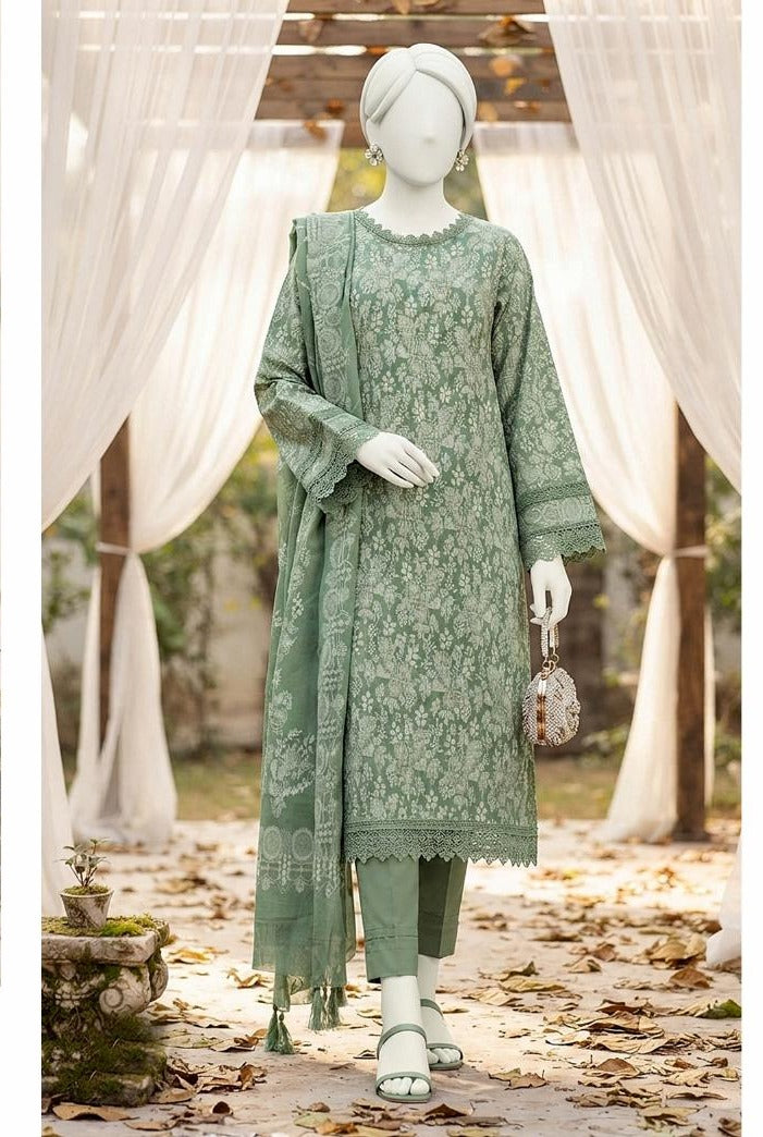 Al Boutique Centre | Mishal | Marina Dhanak Jaquard Zari Printed Unstitched 3Pc | Volume 2 - Sage Green - image 4