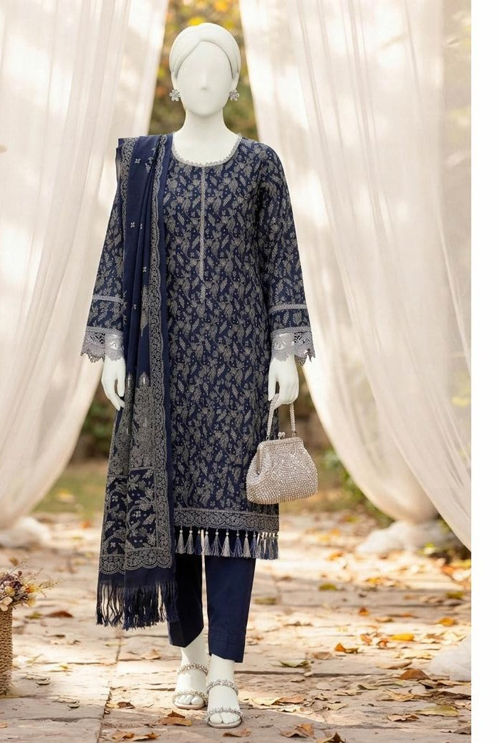 Al Boutique Centre | Mishal | Marina Dhanak Jaquard Zari Printed Unstitched 3Pc | Volume 2 - Navy Blue - image 2