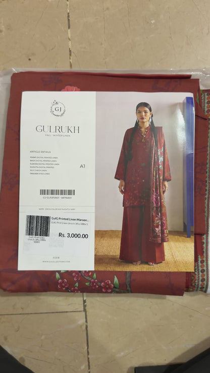 Gul Rukh By Gul Jee | Unstitched Printed Linen 3-Piece Winter Suit | Rust Brown