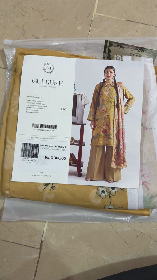 Gul Rukh By Gul Jee | Unstitched Printed Linen 3-Piece Winter Suit | Mustard Yellow