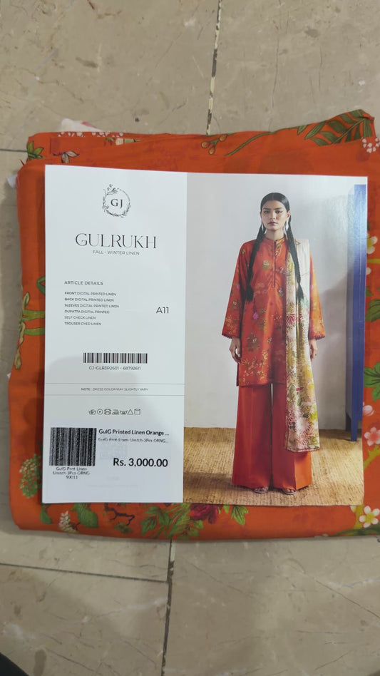 Gul Rukh By Gul Jee | Unstitched Printed Linen 3-Piece Winter Suit | Burnt Orange