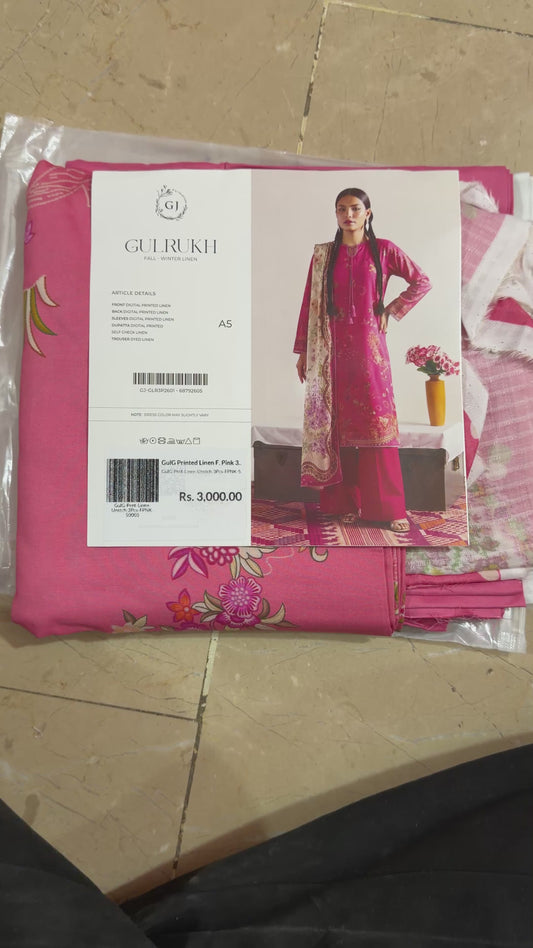 Gul Rukh By Gul Jee | Unstitched Printed Linen 3-Piece Winter Suit | Fuchsia Pink
