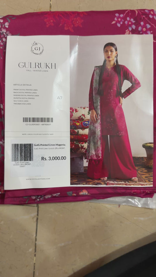 Gul Rukh By Gul Jee | Unstitched Printed Linen 3-Piece Winter Suit | Rani Pink