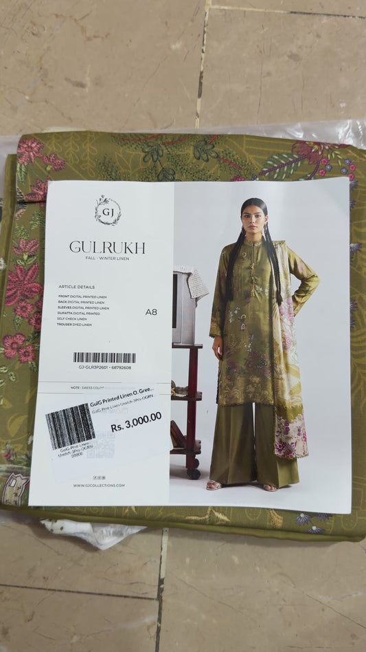 Gul Rukh By Gul Jee | Unstitched Printed Linen 3-Piece Winter Suit | Olive Green