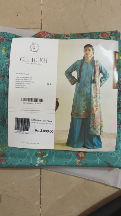 Gul Rukh By Gul Jee | Unstitched Printed Linen 3-Piece Winter Suit | Teal Blue