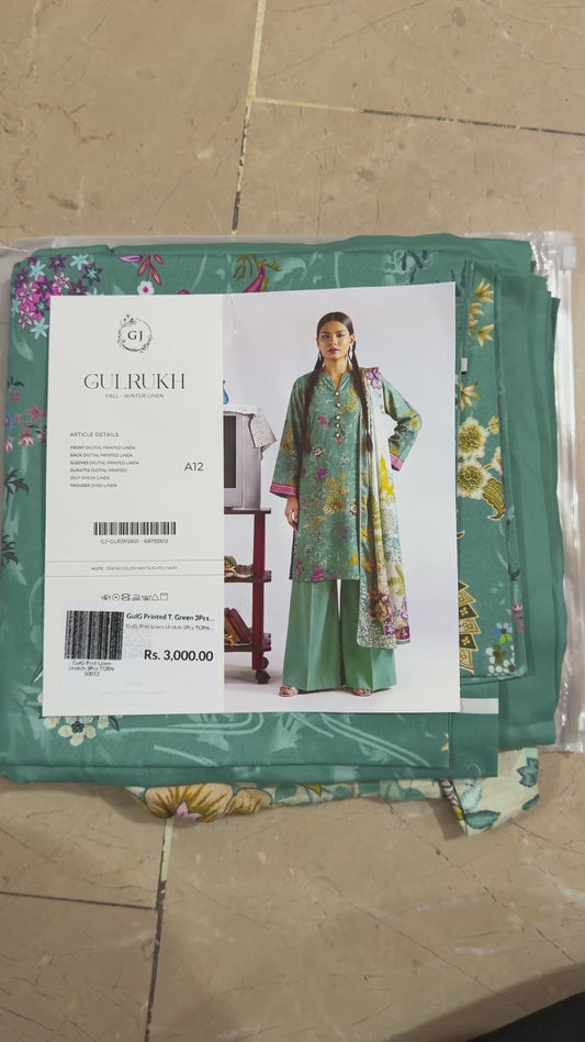 Gul Rukh By Gul Jee | Unstitched Printed Linen 3-Piece Winter Suit | Mint Green