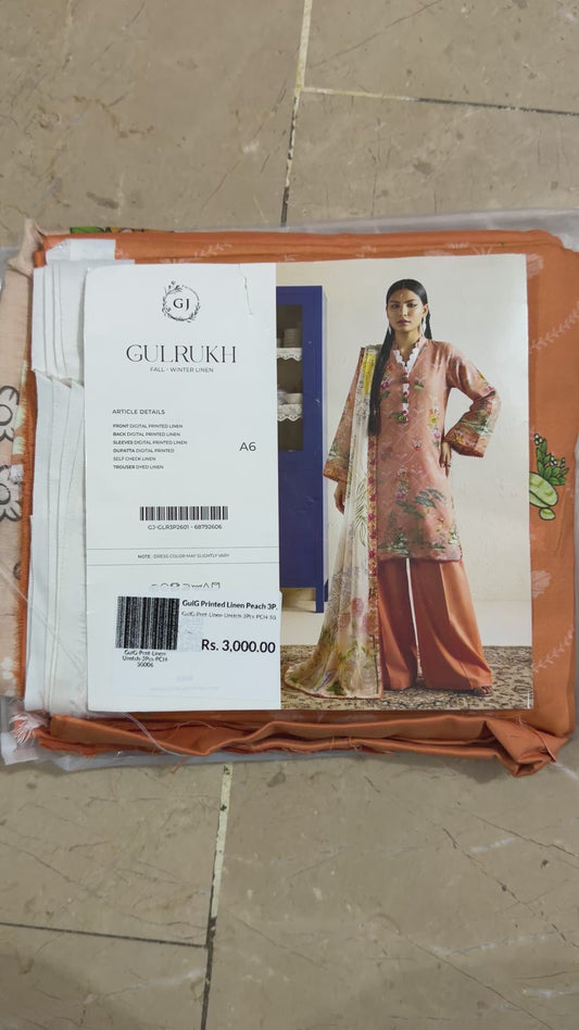 Gul Rukh by Gul Jee | Unstitched 3-Piece Printed Linen Suit – Peach Pink