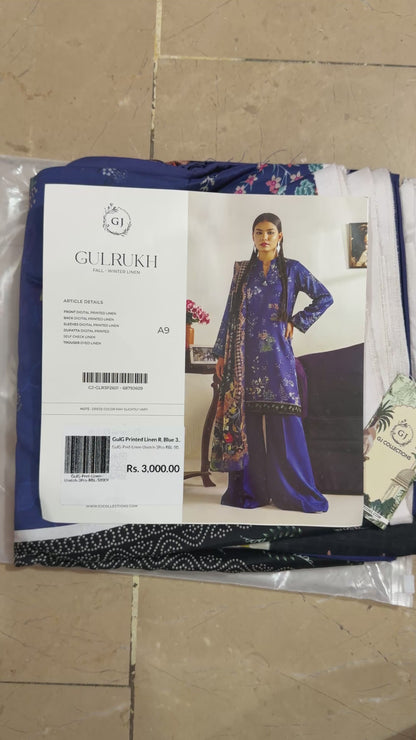 Gul Rukh By Gul Jee | Unstitched Printed Linen 3-Piece Winter Suit | Royal Blue