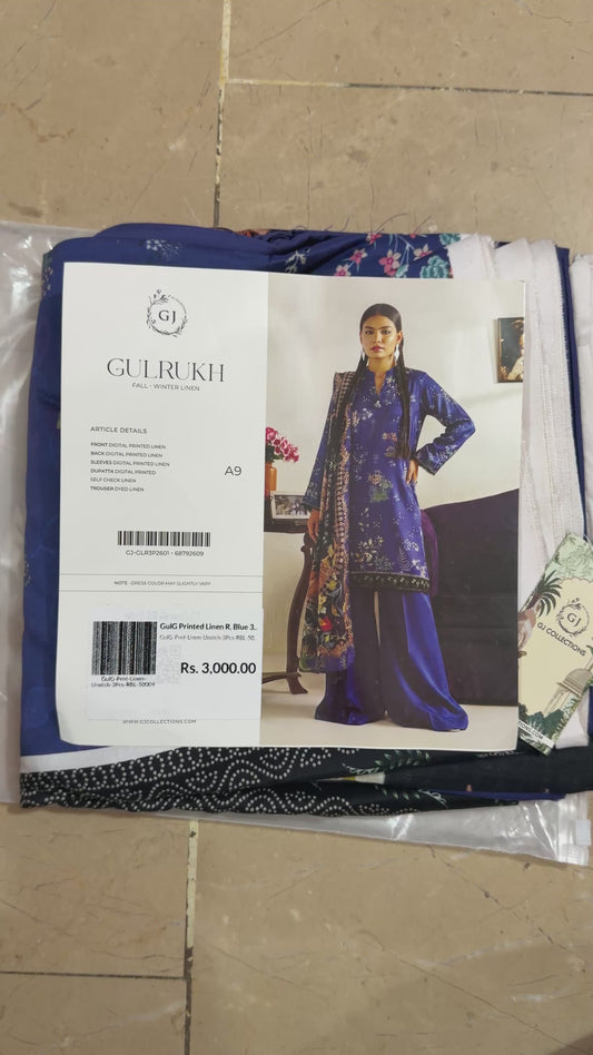 Gul Rukh By Gul Jee | Unstitched Printed Linen 3-Piece Winter Suit | Royal Blue