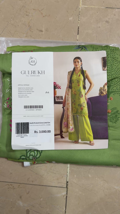 Gul Rukh by Gul Jee | Unstitched 3-Piece Printed Linen Suit – Olive Green