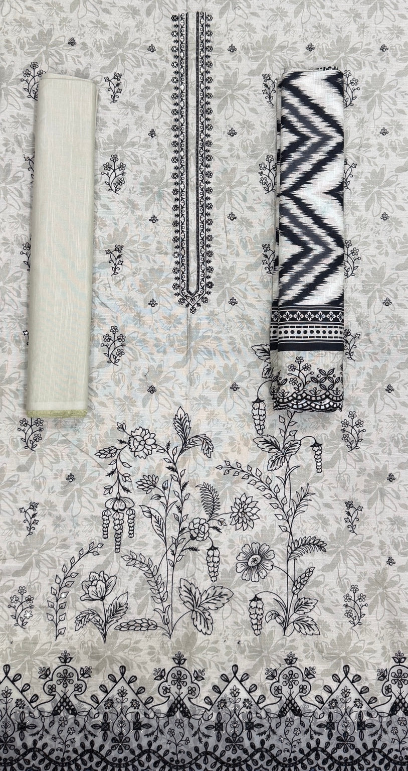 Ivory and black unstitched embroidered khaddar 3-piece suit with patterned dupatta