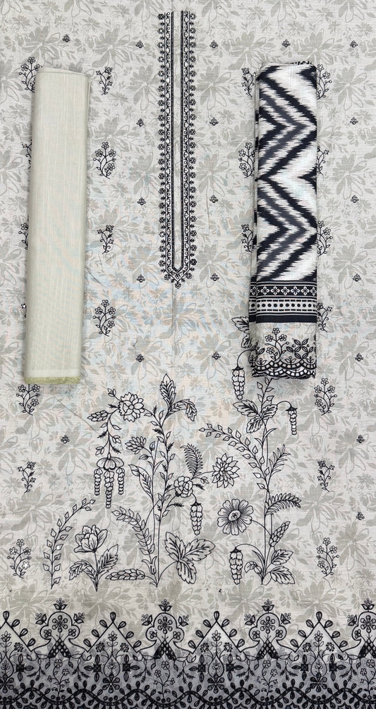 Ivory and black unstitched embroidered khaddar 3-piece suit with patterned dupatta