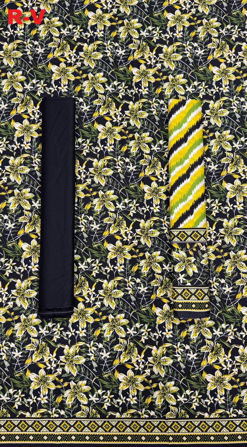 RIWAYAT Unstitched 3PC Printed Premium Viscose - Black Yellow Floral