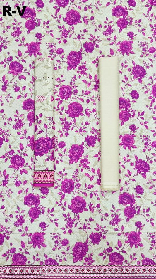 RIWAYAT Unstitched 3PC Printed Premium Viscose - Ivory Magenta Floral