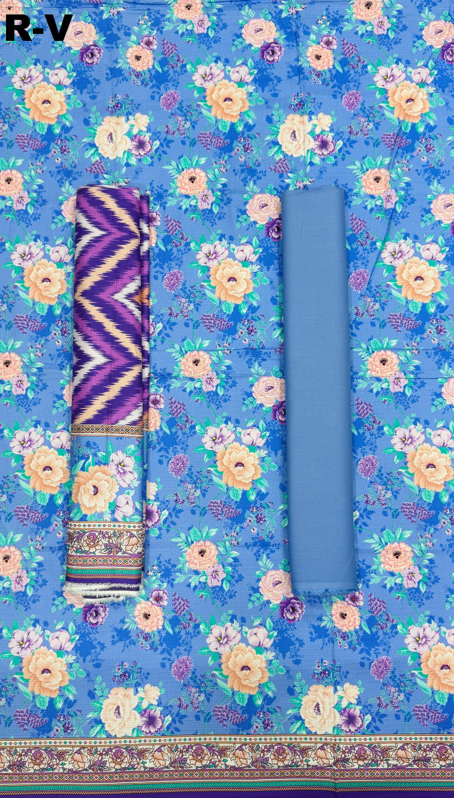 RIWAYAT Unstitched 3PC Printed Premium Viscose - Sky Blue Floral
