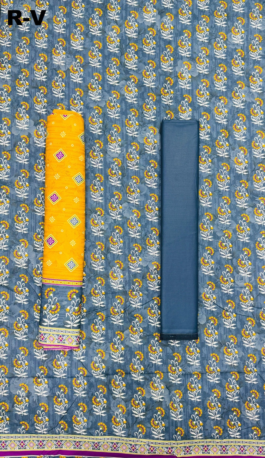 RIWAYAT Unstitched 3PC Printed Premium Viscose Collection - Slate Blue with Mustard
