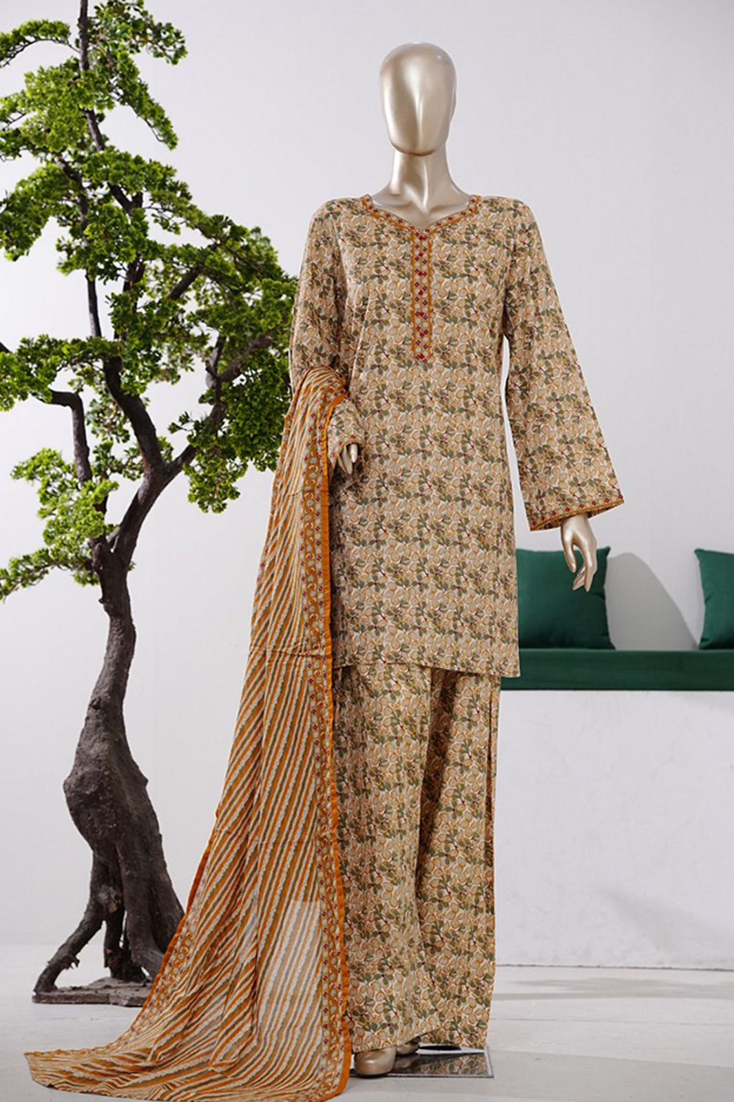 Bin Saeed | Stitch 3 Pc Printed Lawn With Farshi shalwar