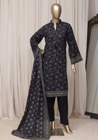 Sada Bahar black floral printed khaddar 3 piece suit, full mannequin view