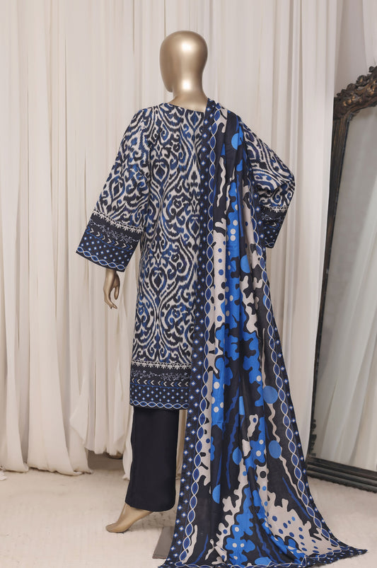 Sada Bahar blue and white printed khaddar suit back view