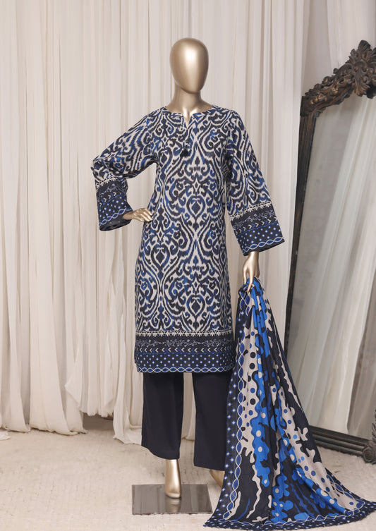 Sada Bahar blue and white printed khaddar 3 piece suit, full mannequin view