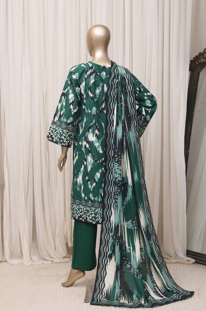 Sada Bahar emerald green printed khaddar suit back view
