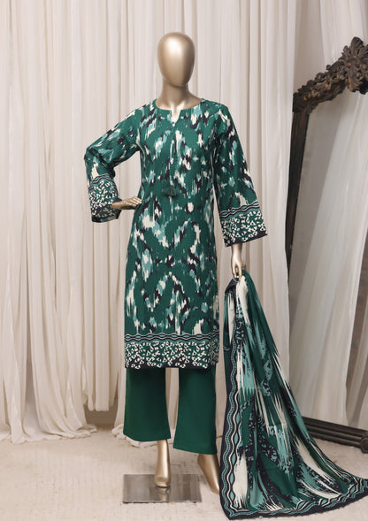 Sada Bahar emerald green printed khaddar 3 piece suit, full mannequin view