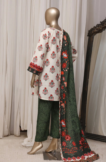 Sada Bahar Ivory, Red & Dark Green stitched printed khaddar 3-piece suit, back view