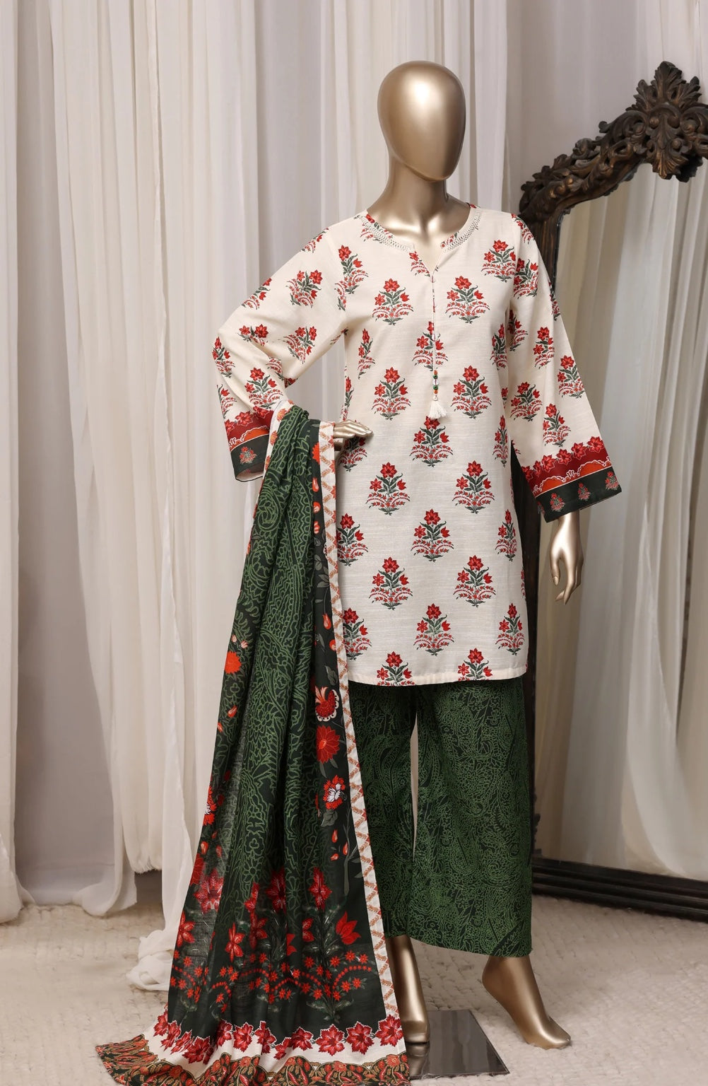 Sada Bahar Ivory, Red & Dark Green stitched printed khaddar 3-piece suit, front view