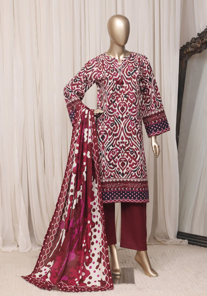 Sada Bahar maroon printed khaddar 3 piece suit, full mannequin view