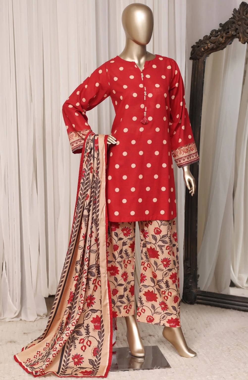 Sada Bahar mustard yellow stitched 3-piece printed khaddar suit, front view