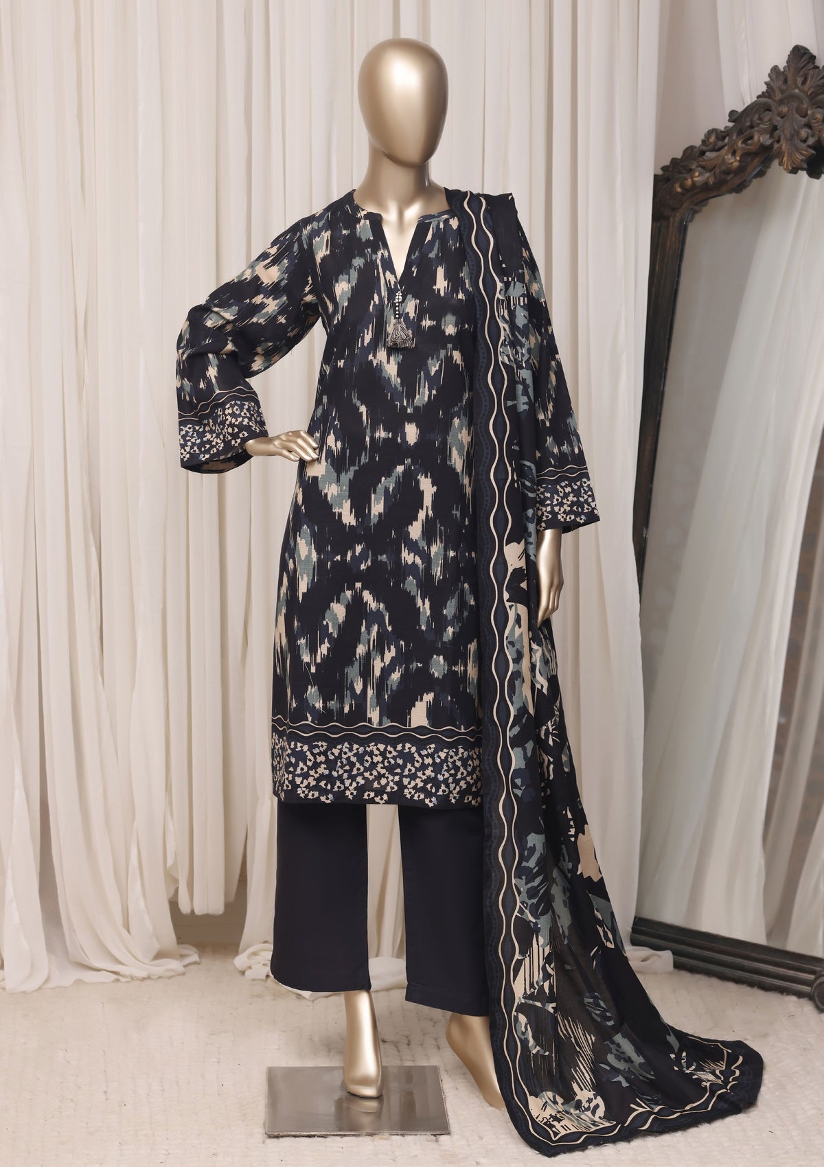 Sada Bahar navy abstract printed khaddar 3 piece suit, full mannequin view
