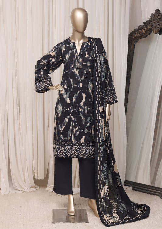 Sada Bahar navy abstract printed khaddar 3 piece suit, full mannequin view