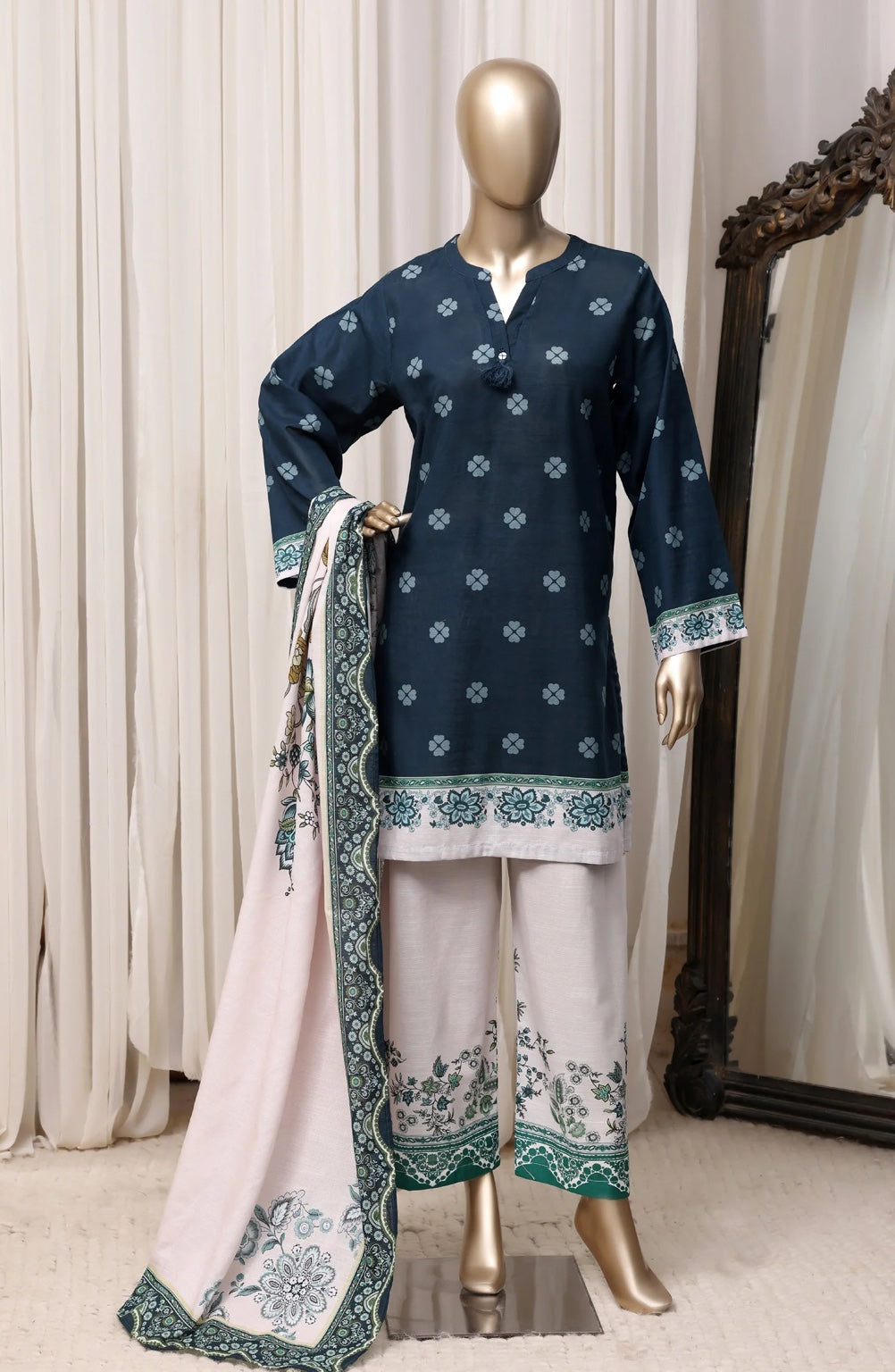 Sada Bahar Navy Blue & Blush Pink stitched printed khaddar 3-piece suit, front view