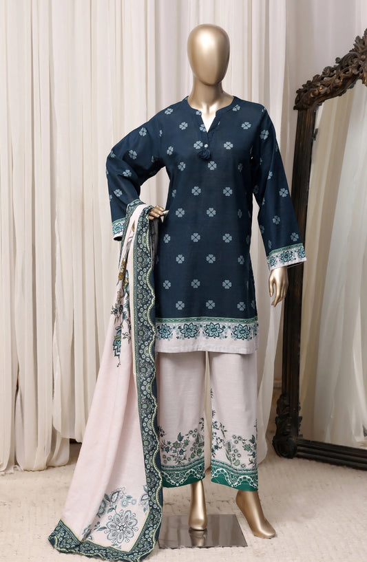 Sada Bahar Navy Blue & Blush Pink stitched printed khaddar 3-piece suit, front view