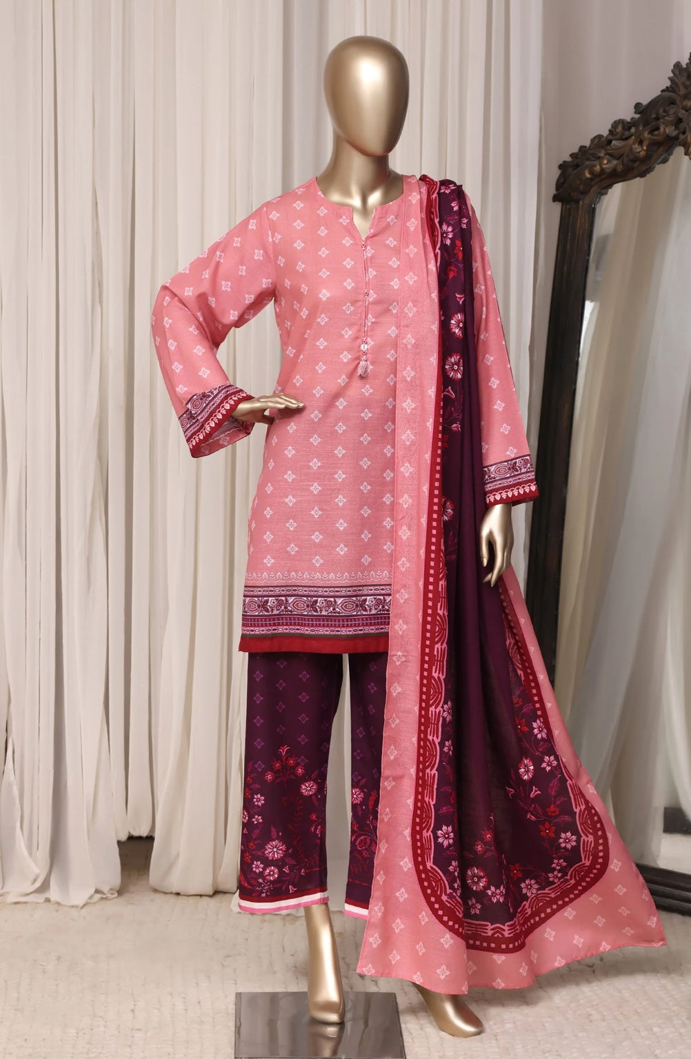 Sada Bahar Coral Pink & Maroon stitched printed khaddar 3-piece suit, front view