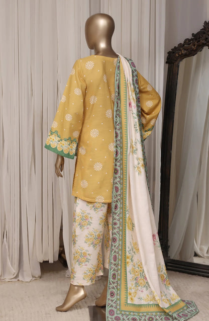 Sada Bahar mustard yellow stitched printed khaddar three-piece suit, back view