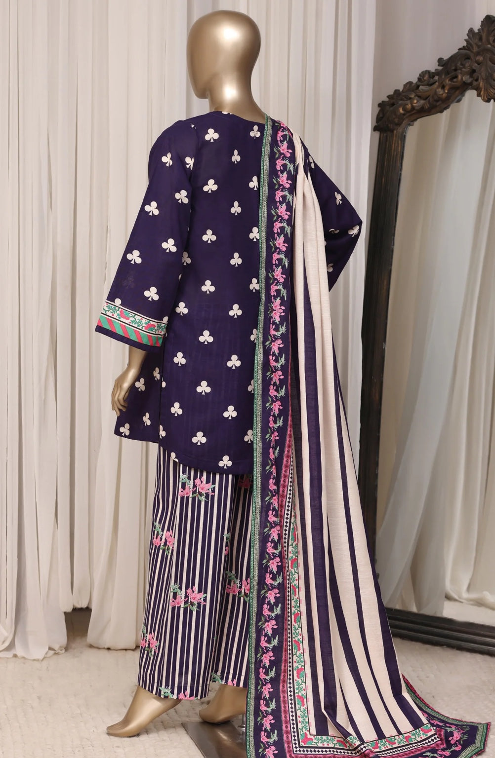 Sada Bahar Deep Purple & Ivory stitched printed khaddar 3-piece suit, back view