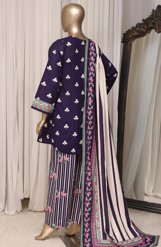 Sada Bahar Deep Purple & Ivory stitched printed khaddar 3-piece suit, back view