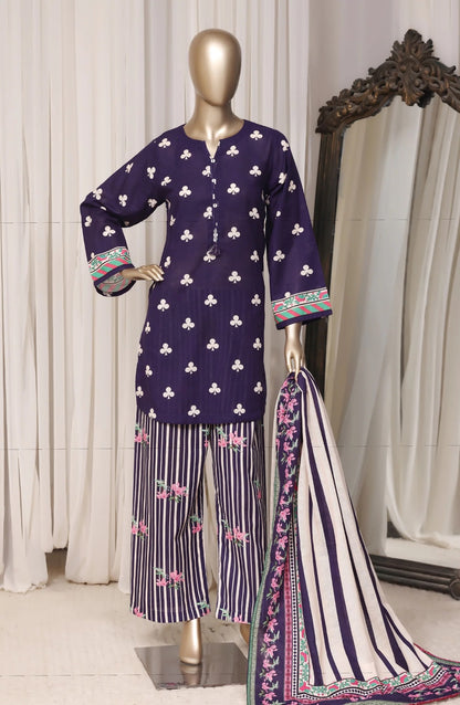 Sada Bahar Deep Purple & Ivory stitched printed khaddar 3-piece suit, front view