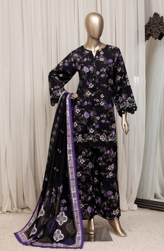 Sada Bahar Raya black and purple floral embroidered khaddar suit front view
