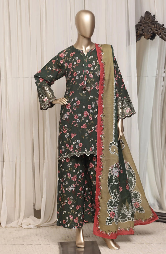 Sada Bahar Raya dark green floral embroidered khaddar suit front view