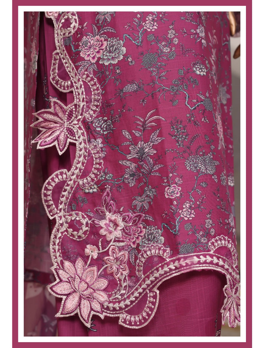 Sada Bahar Raya Magenta stitched embroidered cotton suit — embroidery detail