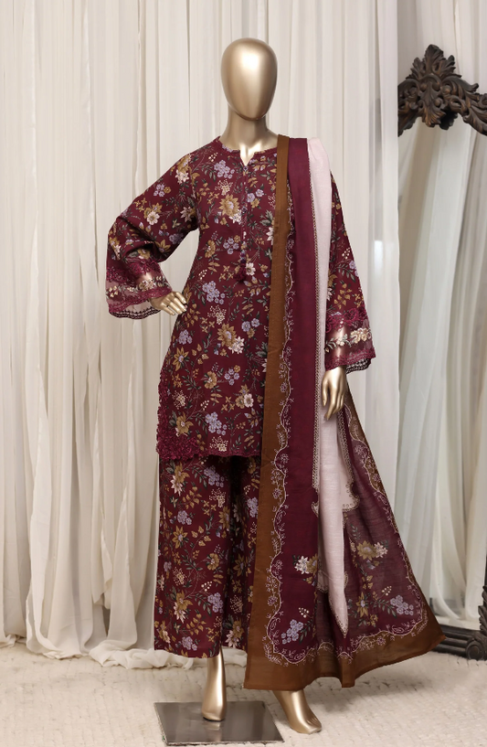 Sada Bahar Raya maroon floral embroidered khaddar suit front view