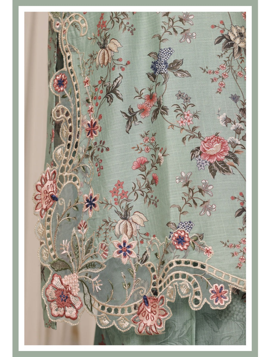 Sada Bahar Raya Mint Green stitched embroidered cotton suit — embroidery detail