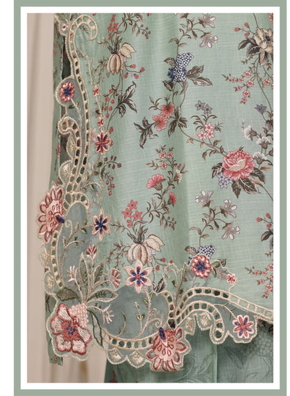 Sada Bahar Raya Mint Green stitched embroidered cotton suit — embroidery detail